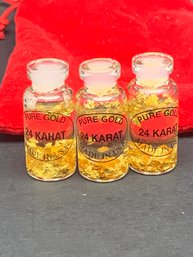 3 Glass Vials With 24K Pure Gold Flake, Red Velvet Drawstring Pouch, Vials 1.5' With Stopper