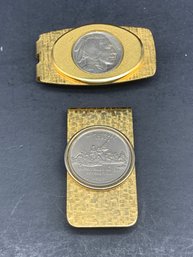 Two Gold Toned Money Clips With US Coins, One Money Clip Signed Anson, Vintage Pieces, Approx 2'