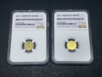 Pair Of 2011 NGC Graded BU Tajikistan Diram Coins, Brilliant Uncirculated