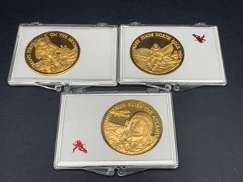 Man's First Walk On The Moon And Other Collectible 24KT EP On Bronze Medallions, Longine's-Wittnauer, USA
