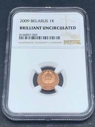 Authentic 2009 Belarus 1K, NGC Graded Brillian Uncirculated, One Kopek Coin