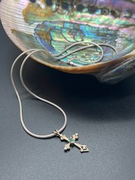 Sterling Gold Washed Cross Pendant With Green And White Stone Accents, On Sterling 17' Chain, Both Marked 925