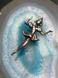 Harlequin Dancer Sterling Silver Brooch, Figural Dancing Lady With Hat And Tutu, Marked STERLING