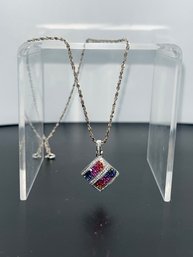 Multicolor Sapphire Sterling Silver Pendant, Ornate Cage Design On Back, On 15' Sterling Necklace, Marked 925