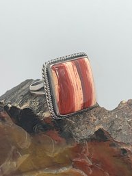 Natural Stone Sterling Silver Ring, Polished Smooth Red And Peach Veins, Band Marked 925, Size 9
