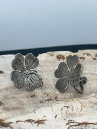 Vintage Sterling Silver Shamrock Screwback Earrings, Four Leave Clover Design, Marked STERLING