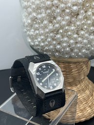 NIXON The Scout Mens Watch, Be Prepared, 36mm Silver Tone With Black Nylon Strap, Needs Battery