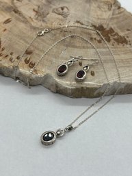 Lucas Lameth Sterling Silver & Garnet Dangle Earrings & Pendant On Necklace Set, Marked LUC 925, 3/4' Charms