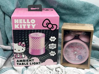 New In Box HELLO KITTY Room Decor - Ambient Table Light With Dual Color Function, & Alarm Clock, Both Unopened