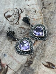 Beautiful Sterling Silver, Amethyst And Marcasite Heart Dangle Post Earrings, Marked 925