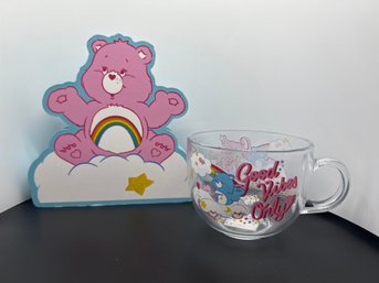 Care Bears Collector Items - Cheer Bear Wooden Wall Art & BedTime Bear Glass Mug, Decals On Sign And Glass