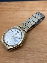 1978 Bulova Automatic Set-O-Matic Dual Day Wrist Watch, Gold Toned, Shows Wear & Light Scratches, Working