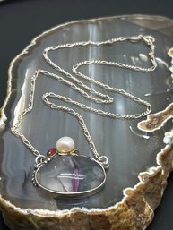 Dainty Sterling Silver Figaro Link Necklace With 1' Oval Colorful Quartz Fixed Pendant, Marked 925