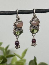 Multi Gemstone Sterling Silver Earrings - Cabochon Rose Quartz, Cut Peridot & Amethyst Beads, Marked 925