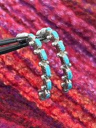 Turquoise Studded Half-Hoop Sterling Silver Post Earrings, Marked 925