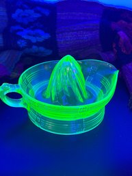 Uranium Glass Juicer, 8 Inches Spout To Handle, Good Glow Under Black Light, Small Chip On Bottom