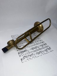 Vintage Gold Toned Slide Trombone Kazoo, Musical Instrument Toy, Slide Extends 3', Needs New Membrane