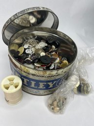 Over 2 Pounds Of Old Buttons And Random Beads, Thread, In Vintage TETLEY Tea Bags Lidded 6' Diameter Tin
