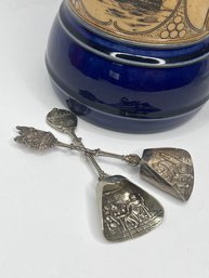 Pair Of Dutch Repousse Silver-Plated Souvenir Sugar Spoons, Universal City Studios & Queen Mary Long Beach