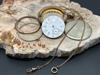 Antique American Waltham Watch Company Pocket Watch Parts, Leonidas Watch Factory Parts, With Watch Chain