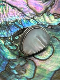 Abstract Mother Of Pearl Inlay Sterling Silver Ring, Marked 925, Size 6.25