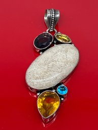 Statement Sterling Silver Pendant With Multi Color Stones Incl. Amethyst And Citrine, Marked 925