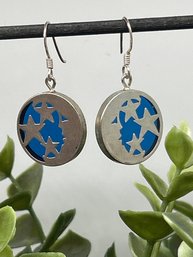 Crescent Moon & Stars Sterling Silver Dangle Earrings, Blue Acrylic Inlay Backing, Marked 925