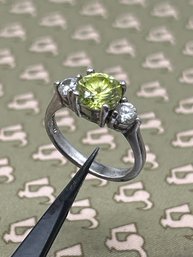 Bright Lime Green Stone Sterling Silver Ring With Clear Sidestones, Marked NF 925, Size 7.25