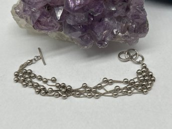 Chic Multi Strand Sterling Silver Bracelet With Sliding Ball Beads, Toggle Clasp, Marked 925, Adjustable 7-8'