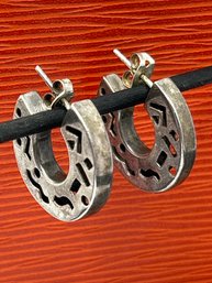 Art Deco 3/4 Hoop Post Earrings, Sterling Silver, Geometric Cut Out Design, Marked 925