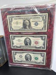 US Currency Collection - One Dollar Silver Certificate, Two Dollar Red Seal Note & Two Dollar Bill, With COA