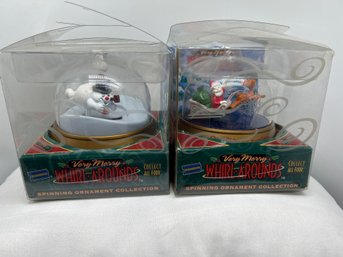 (2) 1999 Blockbuster Video Spinning Ornaments, Very Merry Whirl-Arounds, Frosty & Rudolph, With Boxes, Working