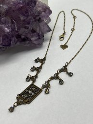 Glass Works Studio Vintage Crystals/Rhinestone Brass Toned Necklace, Scrolling Pendant Design, Figaro Link