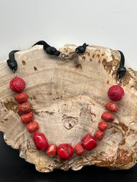Rare PEYOTE BIRD Chunky Red Coral Necklace, Leather Rope, Sterling Silver Hardware, Carved & Polished Beads