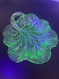 Uranium Glass Cabbage Leaf Plate By Indiana Glass, Pressed Glass Shallow Candy Dish, Glows Under UV Light
