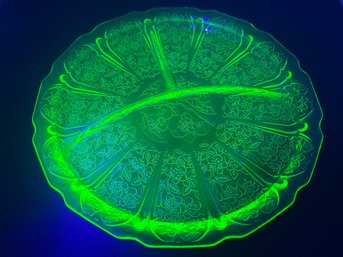 1930s Uranium Depression Glass Cherry Blossom Plate, Jeanette Divided Grill Dinner Plate, Scalloped Edge