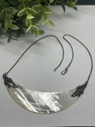 Large Mother Of Pearl Crescent Tribal Style Sterling Silver Necklace, 4' MOP Feature, Marked 925, S-Hook Clasp