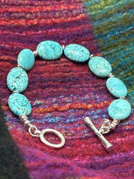 Faux Turquoise & Silver Bracelet, Signed Kenneth Cole New York, Toggle Clasp, Clear Ball Bead Charm