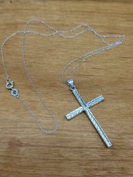Diamond Cut Sterling Silver 1.5' Cross Pendant  On Sterling Silver Chain, Both Marked 925