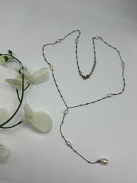 Signed Dyadema Sterling Silver And Pearl Station Drop Necklace, Marked 925, 4' Drop