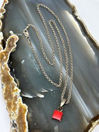 Beautiful Red Coral Square Inlay Pendant, Sterling Silver 1/4' Charm And Rolo Link Necklace, Marked 925