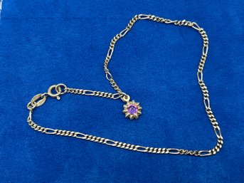 Figaro Link Dainty Ankle Bracelet, Sterling Silver, Marked 925 APA Italy, Anklet Has Double Sided Flower Charm