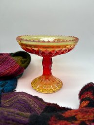 Amberina Glass Pedestal Candy Dish, Cadmium Glow Under UV Light, Diamondpoint & Hobnail Patterns