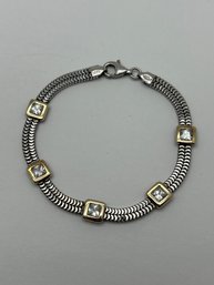 Sterling Silver Double Strand Station Bracelet, 14K Gold Square Fixed Charms W/Clear Stones, Marked 925 & 585