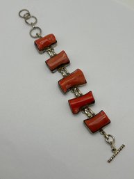 Abstract Red Coral Sterling Silver Bracelet With Toggle Clasp, 7 Inches, Marked 925