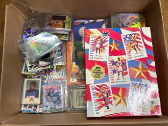 Box Full Of Sports Trading Cards, Baseball/ Football Cards, Puzzles And More. Box Is 20x15x6'