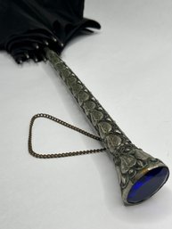 Ornate Silver Toned Handle Umbrella With Large Blue Jeweled Stone In Handle, Firenze, Made In Italy 33 Inch