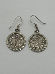 Sterling Silver Mayan Calendar Style Dangle Pendant Earrings, Mexico