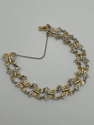 800 Silver Tri-Color Butterfly Bracelet With Safety Chain, Filigree Wirework, 7 Inches