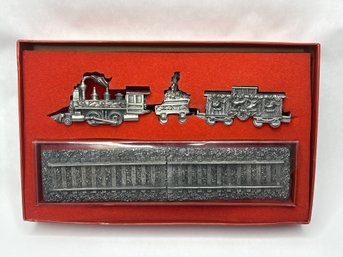 LENOX Kirk Stieff Miniature Pewter Train With Track Display. 11 Inch Box